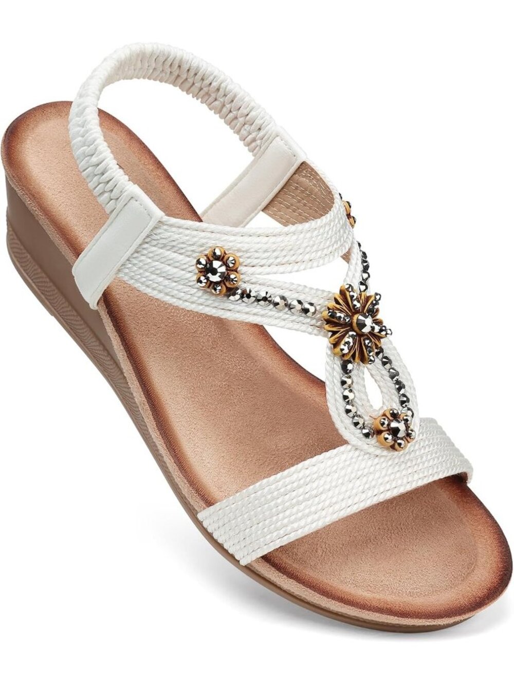 Women's White Pearl Rhinestone Elastic Strap Open Toe Low Heel Wedge Sandals